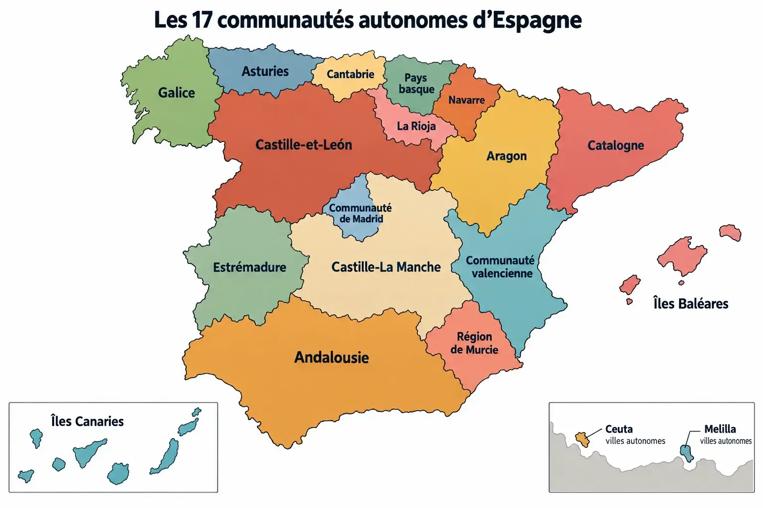 Carte des 17 communautés autonomes d’Espagne en français